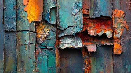 Rusty zinc metal texture with vibrant colors and peeling layers showcasing an artistic representation of weathered surfaces and decay