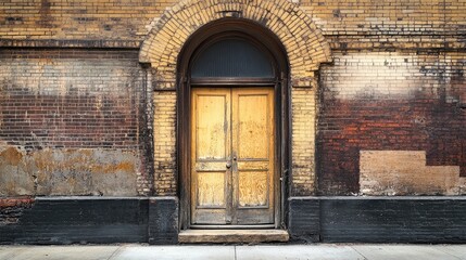 Obraz premium Weathered stone doorway in industrial building with arched wooden door and small cutout, showcasing rustic charm and texture