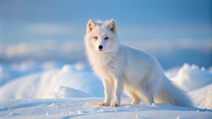 Arctic Fox in Winter Coat: A Candid Capture of Nature's Beauty Against a Minimalist White Landscape with a Cold Stare and Elegant Fur Blend