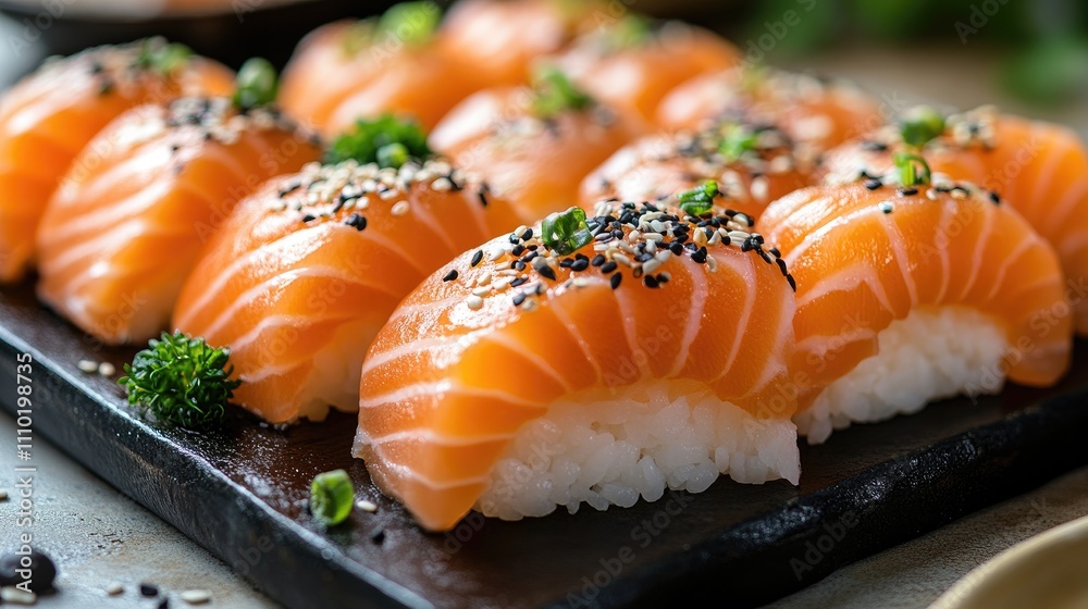 Aufkleber sliced salmon sushi with sesame seeds and garnish on a black plate showcasing colorful presentation 