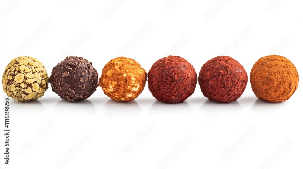 Poster assorted praline bonbons and chocolate truffles neatly arranged on a white background showcasing vib