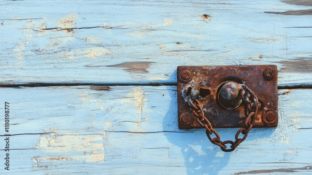 Poster Rusty lock secured with a chain on weathered light blue wooden surface with a rustic charm and vintage feel for creative projects