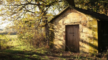 Obraz premium Weathered wooden shed bathed in soft sunlight surrounded by lush greenery and autumn leaves in a tranquil outdoor setting