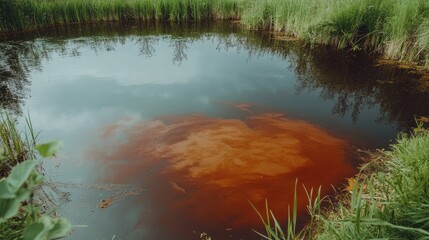 Polluted pond with red orange hues reflecting industrial contamination in a natural environment surrounded by tall grasses and reeds