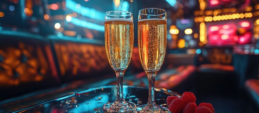 Elegant champagne toast in a luxurious limousine with vibrant nightlife backdrop and fresh raspberries for a festive celebration ambiance