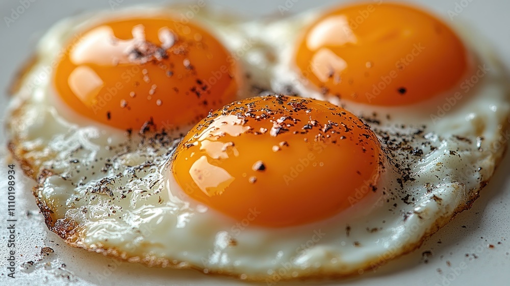 Aufkleber freshly cooked fried eggs with vibrant yolks and seasoned with pepper on a neutral background highli