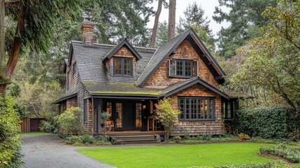 Classic L-shaped cottage-style house with shingled walls and a charming front porch, framed by tall oak trees.
