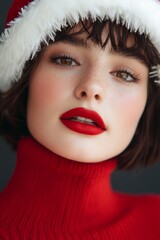 a beautiful young woman wearing a red turtleneck sweater and a red santa hat