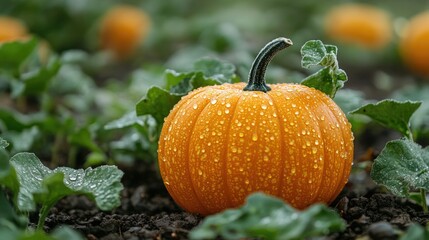Obraz premium Vibrant Japanese pumpkin with dew on leaves in a lush garden setting showcasing agriculture and nature's beauty.