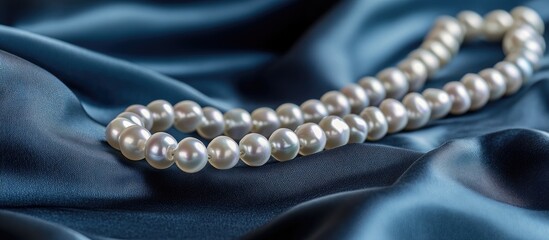 Fototapeta premium Luxurious white gold pearl necklace elegantly displayed on dark blue silk fabric for an exquisite jewellery shopping and gifting experience