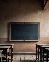 Empty chalkboard in a rustic classroom setting.