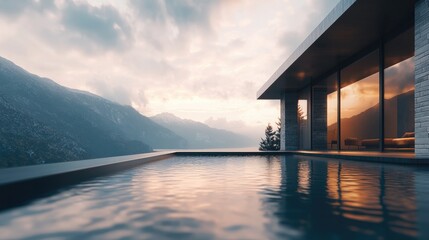 Plakat Luxury infinity pool at sunset with panoramic sea view and mountains in background showcasing tranquility and modern architectural design.