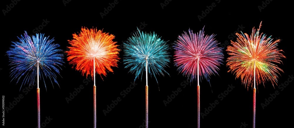 Poster colorful fireworks display isolated on black background for celebratory themes and graphic design pr