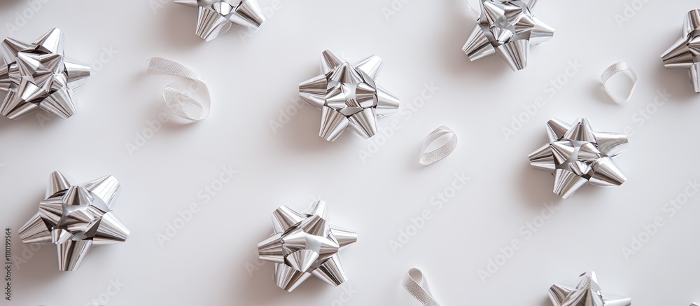 Poster silver gift bows arranged playfully on a white background creating a festive and elegant atmosphere 