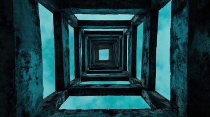 Abstract view of a tower framed by a cloudy sky showcasing geometric patterns and architectural depth from below the structure.