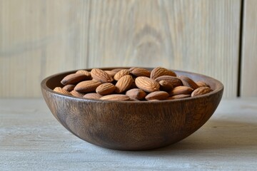 a bowl full of almonds on a wooden table