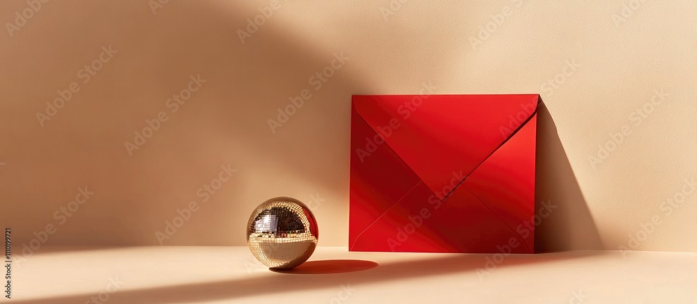 Poster Red envelope and shiny mirror ball on beige background creating elegant reflections for minimalistic greeting card or invitation design concept