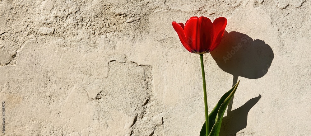 Poster vibrant red tulip blooming against a softly textured light wall creating a serene and elegant floral