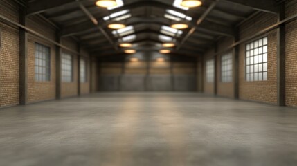 Blurred warehouse interior showcasing brick walls and large windows with industrial lighting for spacious and minimalistic backgrounds