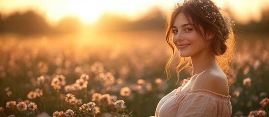 Radiant pregnant woman in a sunlit flower field embracing motherhood and joy in a serene outdoor setting at golden hour