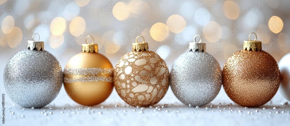 Poster Elegant festive ornaments in gold and silver arranged on a white background with a soft bokeh effect for holiday celebrations and decoration.