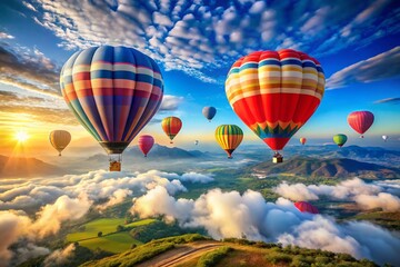 Obraz premium A Romantic Drone Photography Scene Featuring Colorful Hot Air Balloons for Valentine's Day, Perfect for Love Cards and Celebrating Romance in the Sky