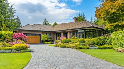 Fototapeta premium Elegant single-story L-shaped house with large bay windows, a well-maintained garden, and a cobblestone driveway.