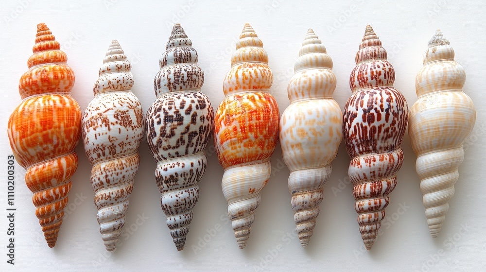 Aufkleber Colorful seashells arranged in a row on a white background showcasing natural textures and patterns for marine-themed designs and decor.