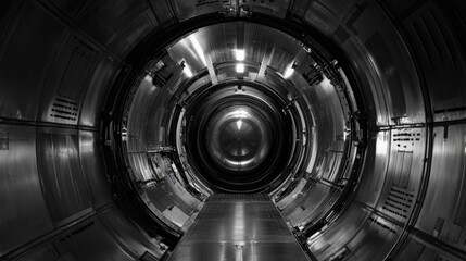 Interior view of jet engine highlighting central components with intricate details and symmetrical metallic surfaces in black and white.