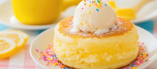 Obraz premium Fish pancake dessert topped with vanilla ice cream and colorful sprinkles on a vibrant plate with a cup of tea in the background.