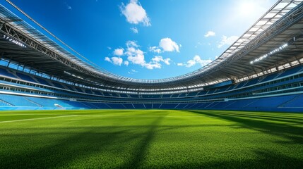 Soccer stadium with retractable roof, perfectly maintained turf, and modern architecture