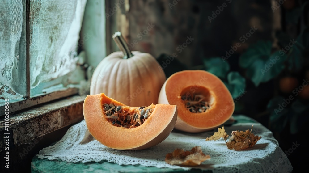 Poster autumn still life featuring fresh pumpkins and pumpkin puree on a green tablecloth with rustic windo