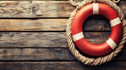 Lifebuoy safety equipment displayed against a rustic wooden background conveying maritime safety and prevention concepts