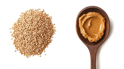 Nut butter and sesame paste in wooden spoon with organic sesame seeds on white background for healthy food and cooking concepts