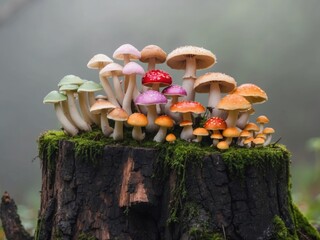 Natures bounty A cluster of vibrant mushrooms on a mossy stump.