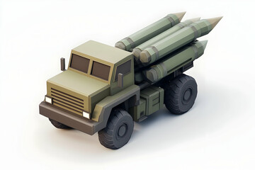 A stylized military truck equipped with missile launchers, designed for combat purposes.