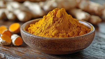 Turmeric powder in wooden bowl with fresh roots on rustic table
