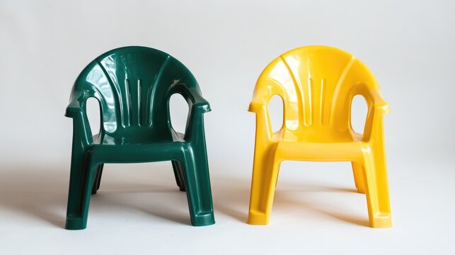 Colorful plastic chairs for kids in green and yellow on a clean white background ideal for design and playful interior arrangements.