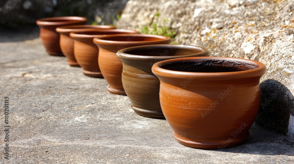 Poster row of terracotta pottery pots displayed outdoors in a rustic setting showcasing traditional craftsm