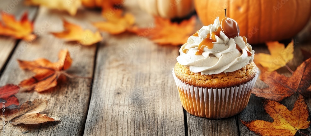 Poster pumpkin cupcakes with caramel cream frosting on a rustic wooden table adorned with autumn leaves and