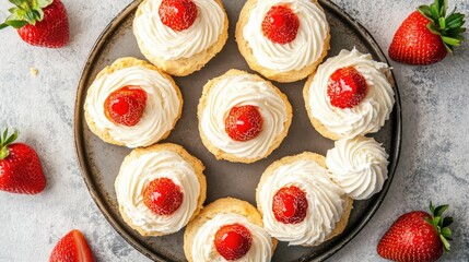 Overhead view of delicious strawberry shortcake scones garnished with whipped cream and fresh strawberries on a dark tray