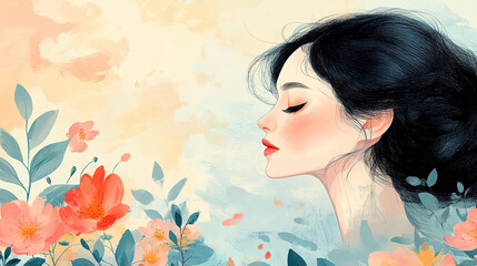 Fototapeta premium Woman in profile surrounded by colorful flowers in a soft pastel backdrop capturing beauty and serenity. Generative AI