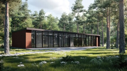 Obraz premium Modern architectural design featuring a sleek brown brick house with expansive glass windows surrounded by lush greenery.