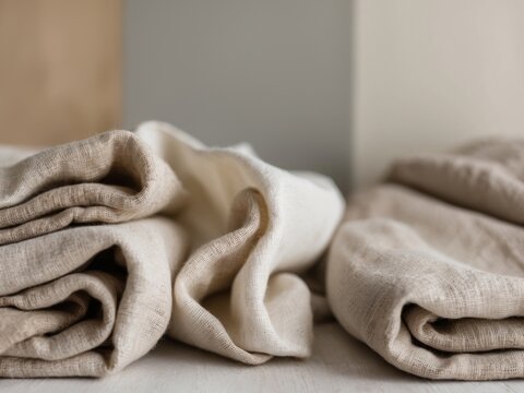 Folded rustic linen textures in neutral tones for background.