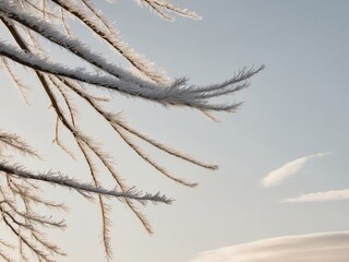 Fototapeta premium Frosty tree branches glistening in bright winter sunlight creating a serene natural landscape scene.