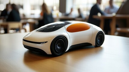 Electric car mockup representing eco-friendly technology with business team discussing sustainability in blurred background setting