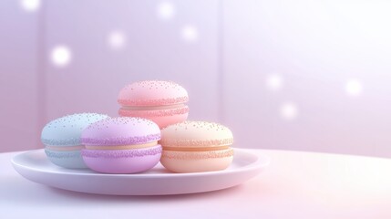 Obraz premium A modern minimalist illustration of macarons in pastel colors arranged on a white plate, with a soft blurred background 