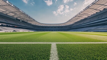 Soccer stadium with vibrant green field, surrounded by modern, brightly colored seats