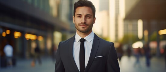 Fototapeta premium Confident businessman in formal suit smiling with urban backdrop conveys success and professionalism for modern corporate imagery