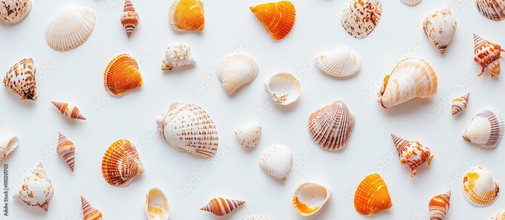 Poster colorful sea shells arranged on a white background showcasing diverse shapes and textures ideal for 
